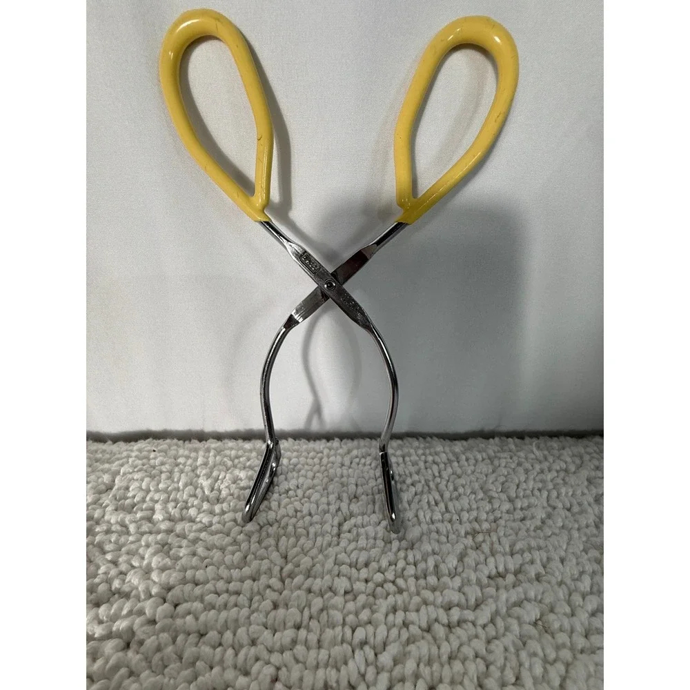 VTG Ekco USA‎ Scissor Kitchen Tongs Yellow Coated Handles Metal Serving Tool